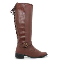 Bota Feminina Montaria Fivela Moderna Couro Cano Longo De Amarrar Atras