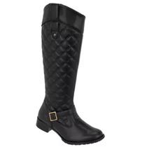 Bota Feminina Montaria Preto Cano Bordado Vegana Elegante