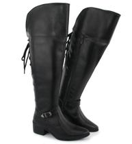 Bota Feminina Over The Knee Preta Couro Luxuosa Cano Alto Ajustável Lançamento Inverno