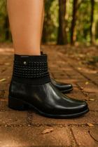Bota Feminina Preta Cano Curto Brilho Aplicações Elegante Moda Salto Baixo Versátil