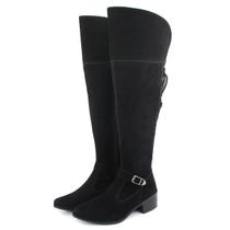 Bota Feminina Preta Fosca Cano Alto Casual Elegante Salto Elástico Zíper 1150342