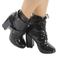 Bota Feminina Salto 9cm Bloco Preto Verniz Cano Médio Ecológico ER373