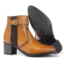 Bota Feminina Salto Alto Elastico Lateral Camel Couro