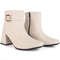 Bota Feminina Salto Bloco Grosso 7cm Cano Curto Zíper Moda Casual Inverno Elegante Antiderrapante