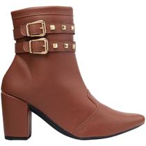Bota Feminina Salto Grosso Bico Fino Ankle Boot Fivela Tachos Elegante Estilosa Confortável Via Angel 68.02