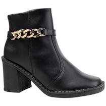 Bota Feminina Salto Médio Cano Baixo Ankle Boot Bico Quadrado Corrente Moderna Via Angel 8004.