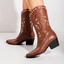 Bota Feminina Savannah Texana Country Western Cano Médio Com Bordado Salto Grosso Bloco Not-me