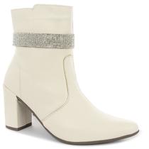 Bota Feminina Strass Salto Alto Grosso Bico Fino Confortável Cano Curto Napa Off White