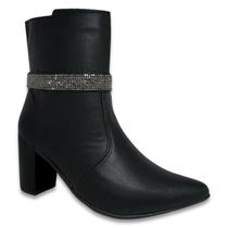 Bota Feminina Strass Salto Alto Grosso Bico Fino Confortável Cano Curto Napa Preto Bota Feminina Strass Salto Alto Grosso Bico Fino Confortável Cano Curto Napa Preto
