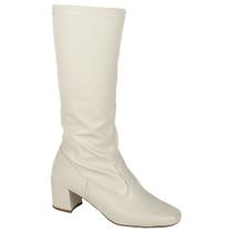 Bota Feminina Stretch Cano Alto Bico Quadrado Salto Grosso Cor:Off WhiteTamanho:39