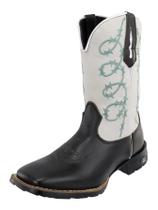 Bota Feminina Texana Country em Couro Com Bordado Arame Bico Quadrado Preto Off White