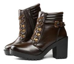Bota Feminina Tratorada Cano Curto Marron Salto Medio Alto