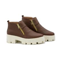 Bota Feminina Tratorada Couro Zíper Cano Baixo Moda Casual