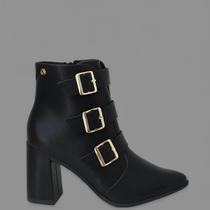 Bota Feminina VIA UNO Bico Fino com 3 Fivelas Cano Curto Salto Elegante Fashion