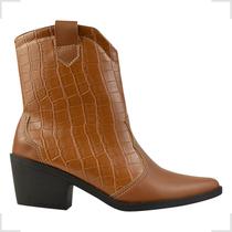 Bota Feminina Western Coturno Country Croco Caramelo Texana Bico Fino