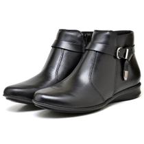 Bota Feminino De Couro Moda All Black Casual Sola Reta Confortável Dia a Dia