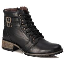 Bota Feminino Preto De Couro Fechamento Cadarço Salto Baixo