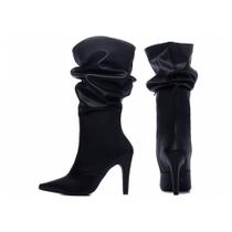 Bota Franzida Feminina Cano Alto Salto Alto Fino conforto, na cor Preto