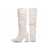 Bota Franzida Feminina Cano Longo Salto 9cm Off White 1.001B