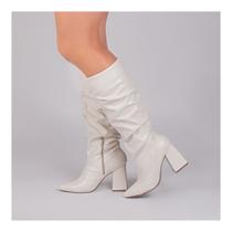 Bota Franzida Feminina Off White Cano Longo