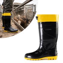 Bota Galocha Cano Longo Preta/Amarela com Cadarço Antiderrapante Impermeável contra Óleos e Água Bota Galocha Cano Longo Preta/Amarela com Cadarço Antiderrapante Impermeável contra Óleos e Água