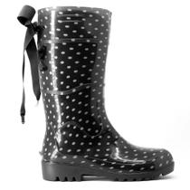 Bota Galocha Feminina Poá Bolinha Cano Longo Impermeável C/ Laço Preto Baspan Bota Galocha Feminina Poá Bolinha Cano Longo Impermeável C/ Laço Preto Baspan