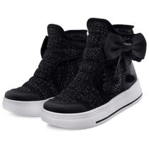Bota Infantil Feminina Cano Alto Menina Preta/Brilho Mz Shoes
