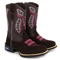 Bota Infantil Feminina Texana Country Em Couro Bordado Boi Flores Rosa