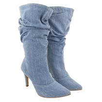 Bota Lisa Jeans Feminina Salto e Bico Fino Modelo Fashion Estiloso Para Festas