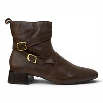 Bota Marrom em Couro com Fivelas Salto Bloco 3cm Cor:MarromTamanho:36