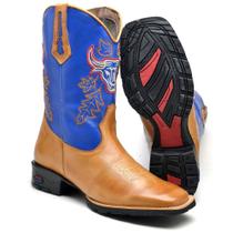 Bota Masculina Bordada Cano Alto Texana Cowboy Bico Quadrado Em Couro e Sola Costurada