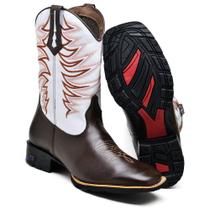 Bota Masculina Bordada Cano Alto Texana Cowboy Bico Quadrado Em Couro e Sola Costurada