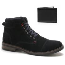 Bota Masculina Casual Com Carteira Hencco Coturno Cano Médio Camurça Confortável Macio