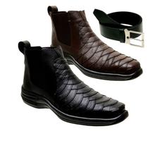Bota Masculina Casual de Couro Detalhado Escamado Coturno Esportivo Kit 2 Pares + Cinto