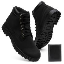Bota Masculina Casual material vegano Preta Cano Curto Lançamento + Carteira Bota Masculina Casual material vegano Preta Cano Curto Lançamento + Carteira