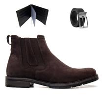 Bota Masculina Chelsea Camurça Premium Macia Casual Sola de Borracha Carteira e Cinto 5010 Café
