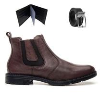 Bota Masculina Chelsea Casual Couro Legitimo Macio Sola de Borracha Com Carteira e Cinto 3001F Café