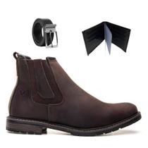 Bota Masculina Chelsea Couro Legitimo Macio Casual Sola de Borracha Com Carteira e Cinto 5010 Brown