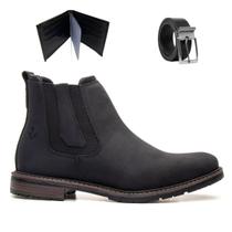 Bota Masculina Chelsea Couro Legitimo Macio Casual Sola de Borracha Com Carteira e Cinto 5010 Preto