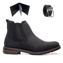 Bota Masculina Chelsea Couro Legitimo Macio Casual Sola de Borracha Com Carteira e Cinto 5010 Preto