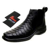 Bota Masculina Coturno Resistente Casual Ortopédica Robusta Detalhe Escamado + Carteira