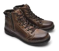 Bota Masculina Couro Legitimo Marrom Adulto Coturno Vacanza Laroche Zíper e Cadarço Novo Modelo