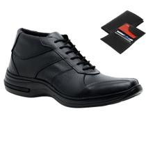 Bota Masculina Preta Moderna em Couro Confortável Solado Costurado + Carteira