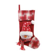 Bota meia natal boneco neve xadrez com cachecol verm 42cm