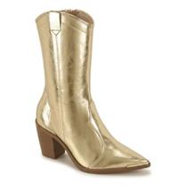 Bota Moleca Dourada Bico Fino Salto Bloco Feminino - Bota Moleca Dourada Bico Fino Salto Bloco Feminino -