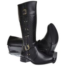 Bota Montaria Amanda Block com Zíper Detalhes em Costura Metal e Fivela
