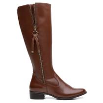 Bota Montaria Couro Feminino Cano Alto Zíper Lateral Moda Inverno Elegante Salto Baixo