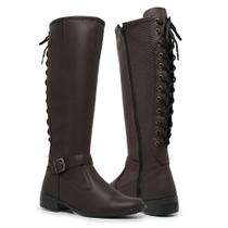 Bota Montaria Feminina Cano Ajustável Amarração Fecho de Zíper Moda Casual Estilo Conforto