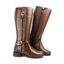 Bota Montaria Feminina Cano Longo material sintético Confortável Salto Baixo Inverno Moda Zíper