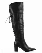 Bota Over The Knee em Couro Cano Alto com Salto Bloco, Bico Fino e Amarração - Solis Brasil - Preta Bota Over The Knee em Couro Cano Alto com Salto Bloco, Bico Fino e Amarração - Solis Brasil - Preta